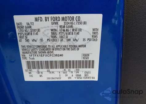 2012 Ford F-150 Xlt из США, поврежденный, VIN 1FTFX1EFXCFC38240